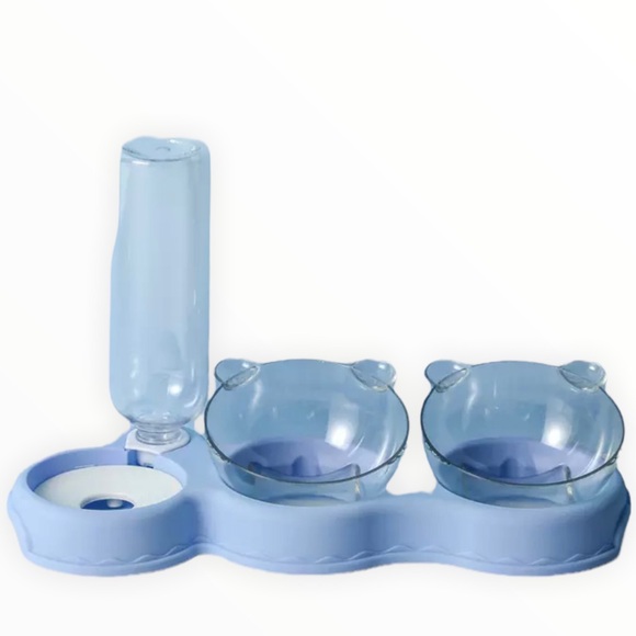 Dog cat pet food water bowl 3 in 1 set feeder automatic water bottle Bear blue - Picture 13 of 14